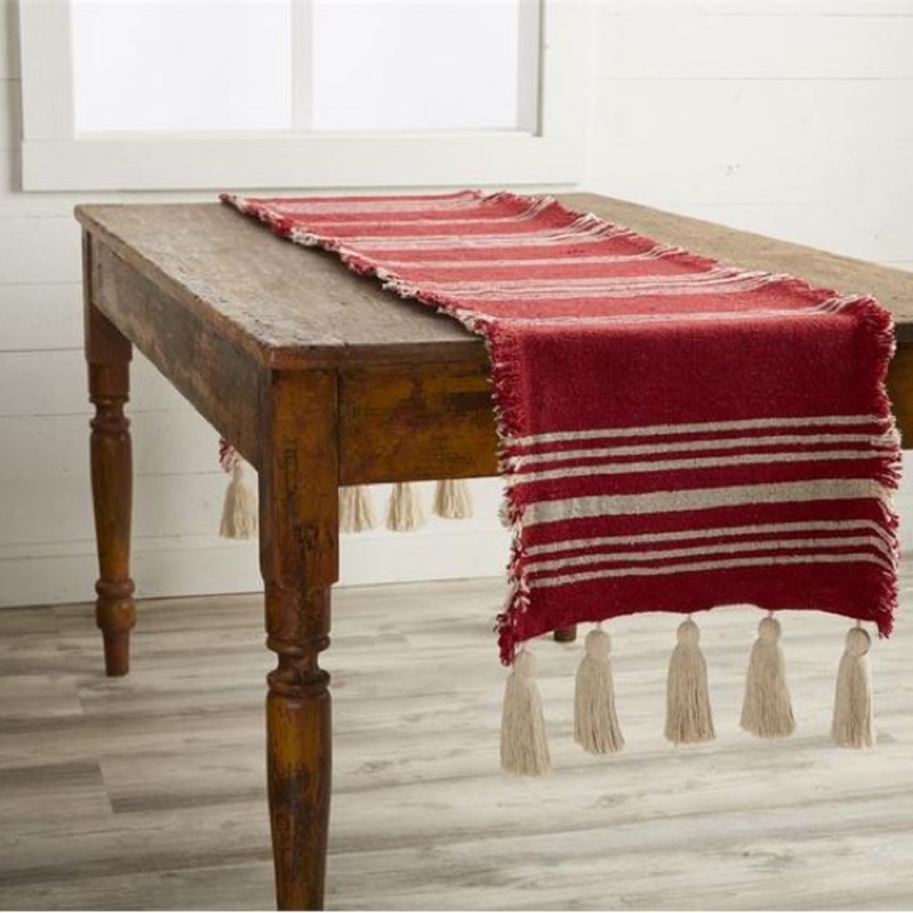 MUD PIE NWT Red ponchaa stripe table runner with tassels -18x90